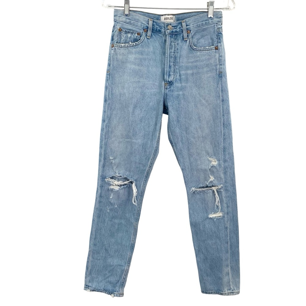 Agolde Jamie High Rise Classic Jeans in Light Blue Wash Distressed Button Fly